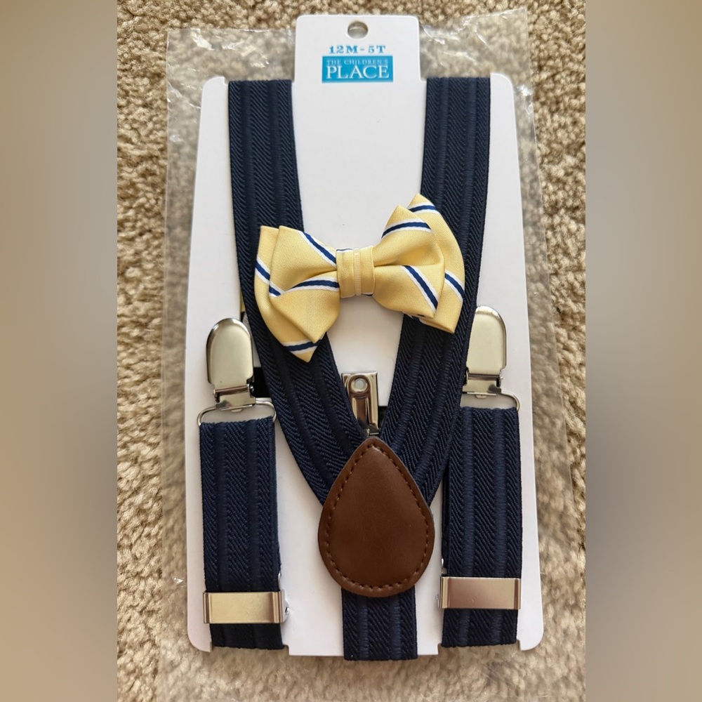 The Children’s Place Butter Yellow & Navy Blue Bow Tie Suspender Set 6M-5T NWT